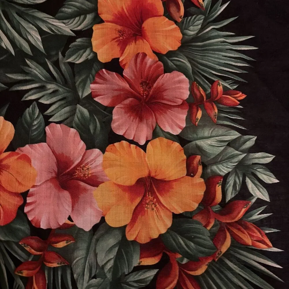 Vintage Tommy Bahama Large Square Scarf Black Fringe Hibiscus‎ Tropical Cotton
